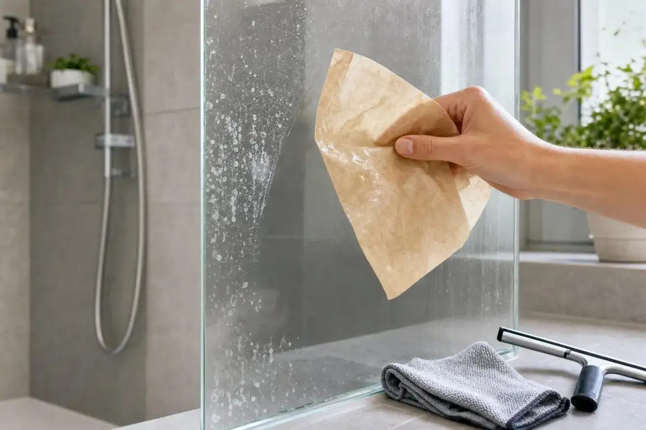 Main d'une personne effectuant le nettoyage de vitre de salle de bain avec un chiffon. Des traces de calcaire sont visibles.