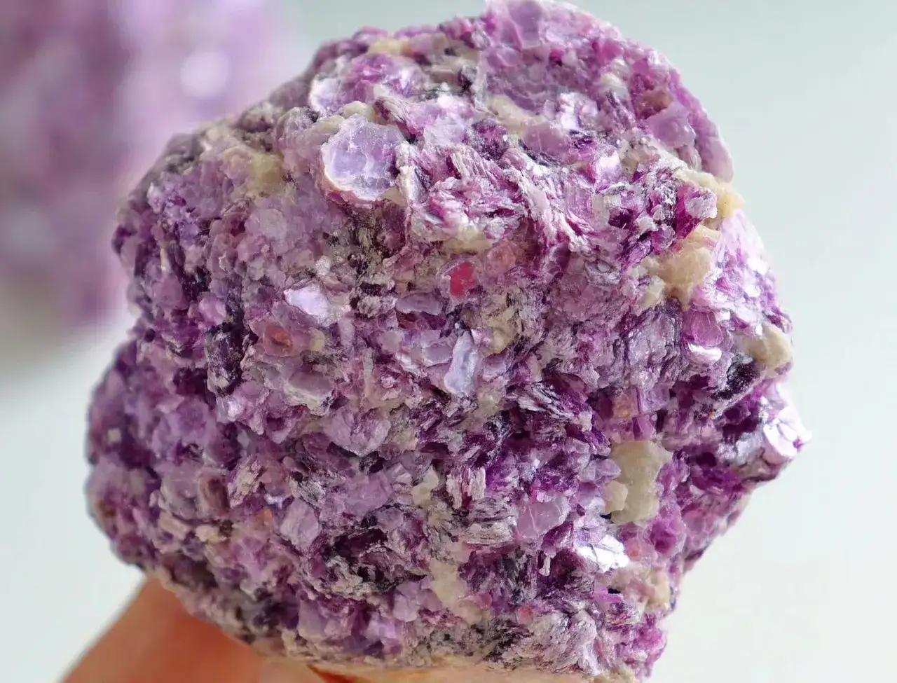 Ein Stück Lepidolith mit schillernden violetten Kristallen, das wie ein Schatz aus einer anderen Welt aussieht.