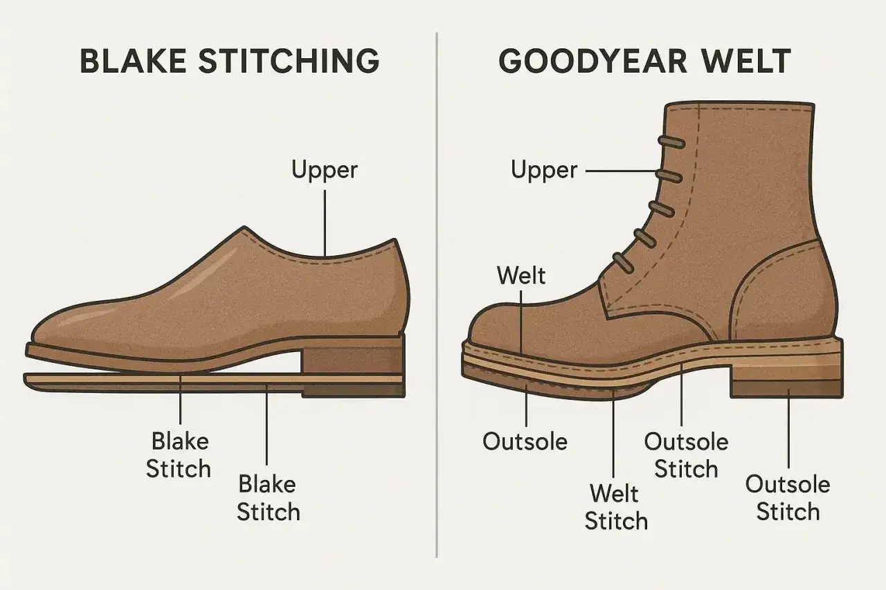 Confronto tra cucitura Blake e Goodyear Welt: due metodi di costruzione per scarpe resistenti.