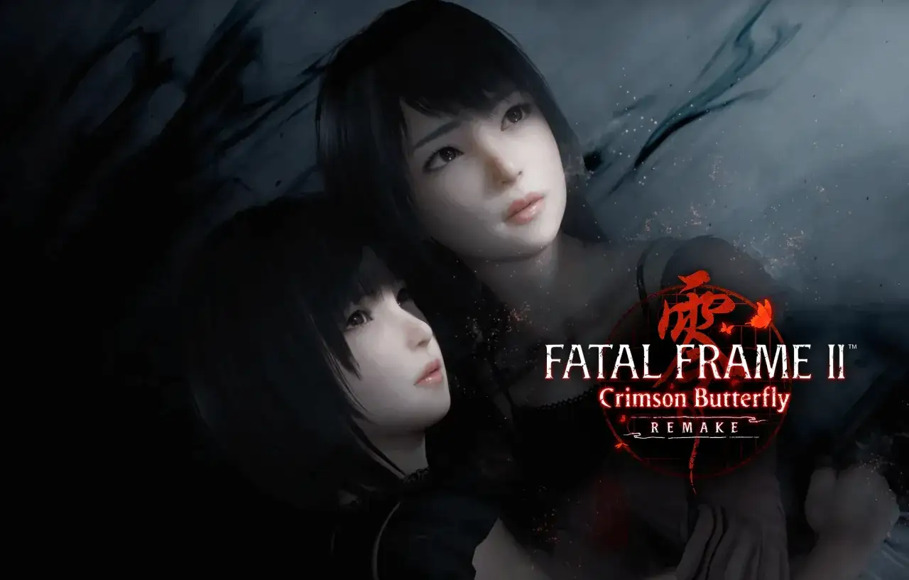 Dos j&oacute;venes en la oscuridad, con el logo de Fatal Frame II Crimson Butterfly Remake.