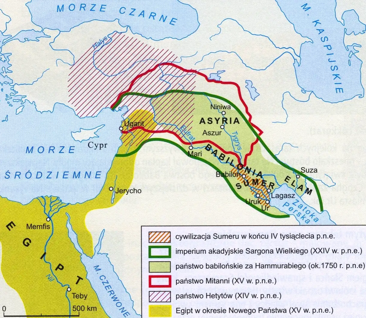 Mapa starożytnej Mezopotamii z rzekami Tygrys i Eufrat i wsp&oacute;łczesnymi granicami państw