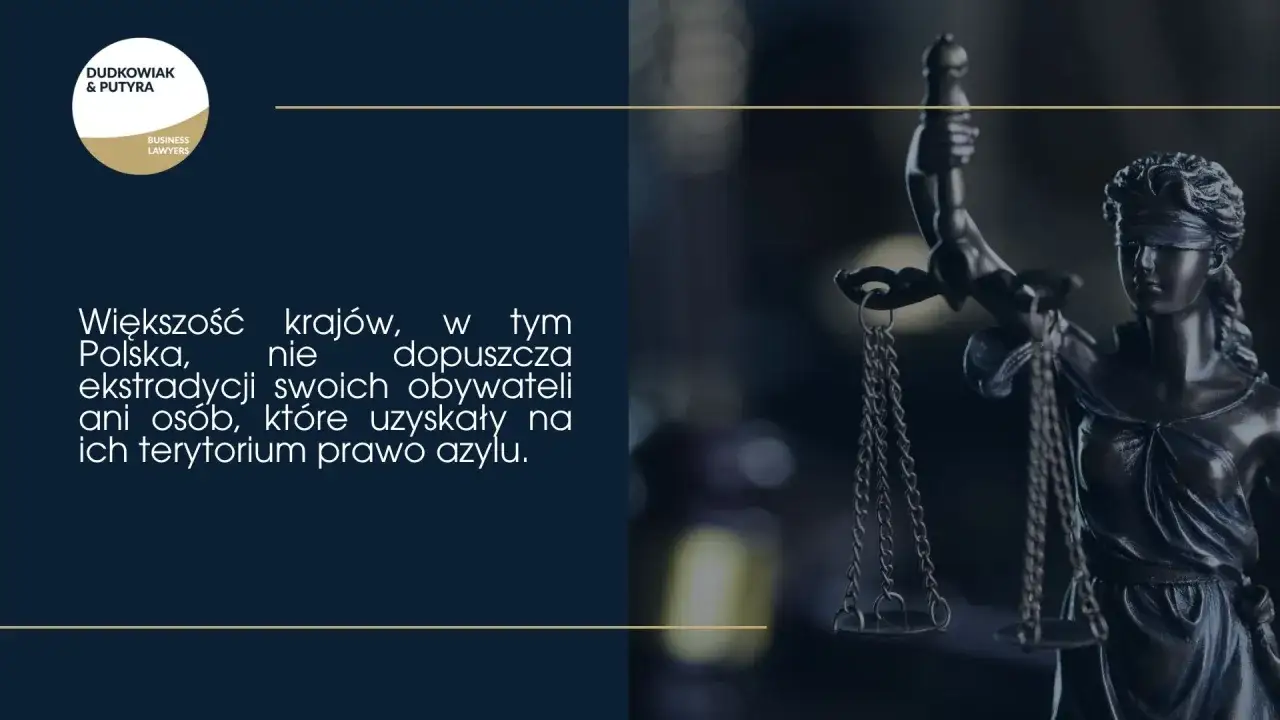 Figurka Temidy z wagą symbolizuje prawo. Tekst wyjaśnia, co to ekstradycja i że Polska jej nie dopuszcza dla obywateli ani os&oacute;b z azylem.