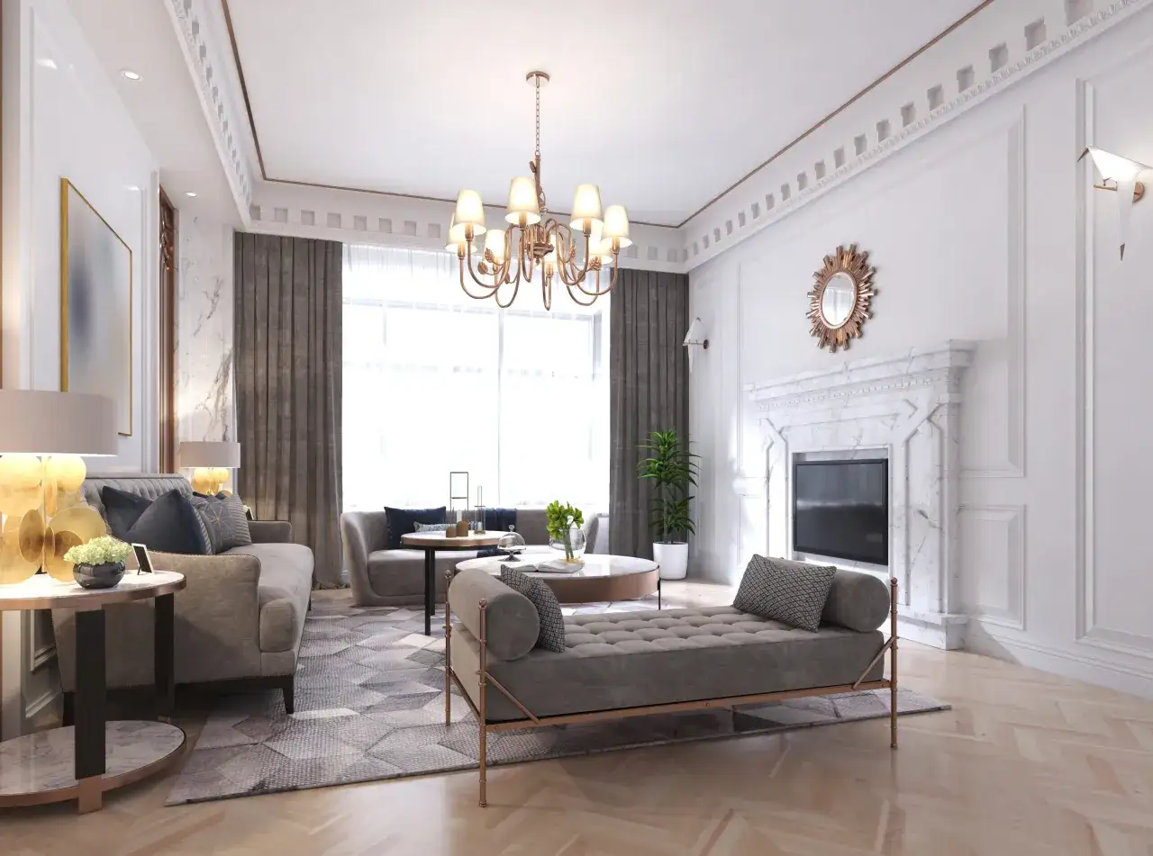 Elegancki salon w stylu francuskim z marmurowym kominkiem, złotym żyrandolem i luksusowymi meblami.