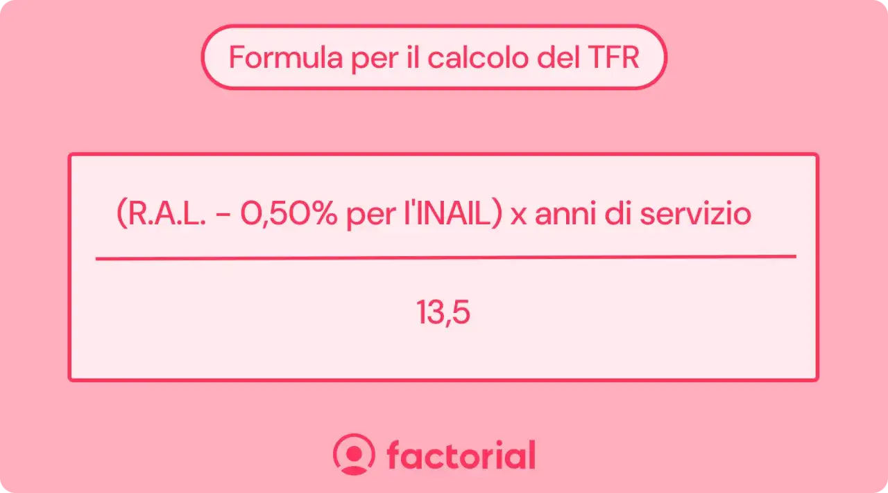 Formula per il calcolo del TFR: (RAL - 0,50% INAIL) x anni di servizio = 13,5.
