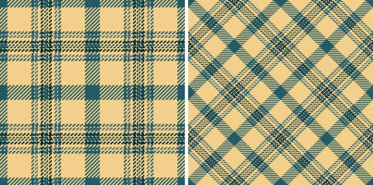 Two patterns showcasing different types of plaid: a classic tartan and a diagonal tartan, both in beige and teal.