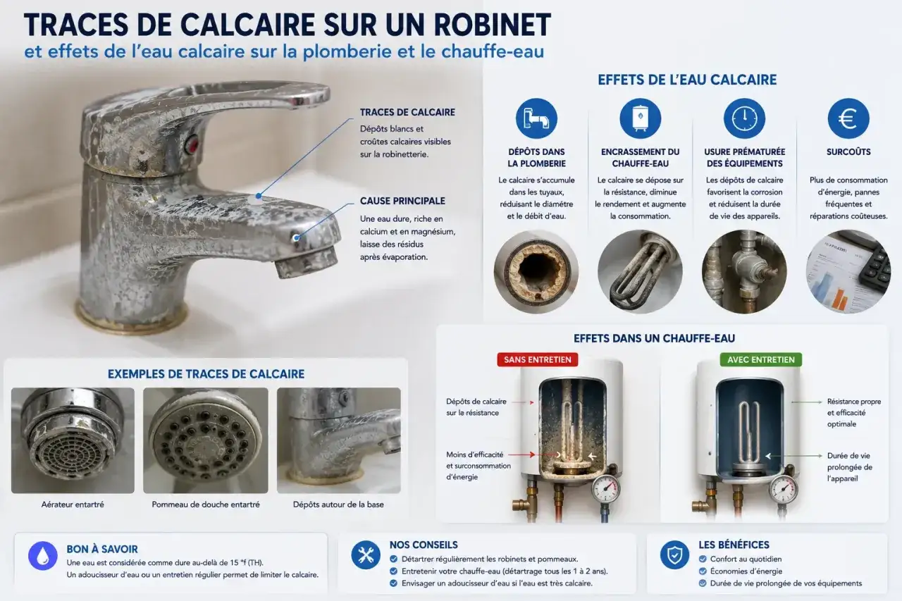 Robinet entartré par le calcaire, causant un débit d'eau réduit. L'image montre les dépôts blancs et les croûtes calcaires sur la robinetterie.