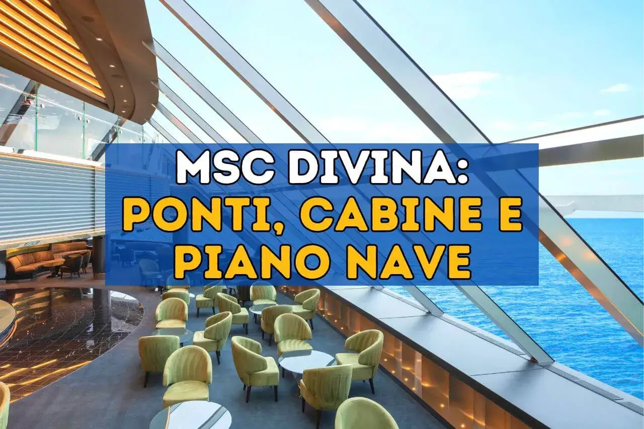Interno moderno con sedie verdi e tavolini, vista sul mare. MSC Divina: ponti, cabine e piano nave.