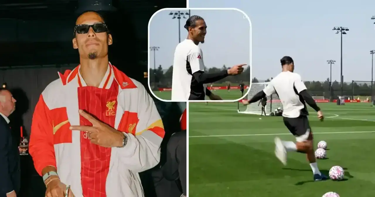 Virgil van Dijk, lässig mit Sonnenbrille und Liverpool-Jacke, zeigt die Siegerpose. Daneben trainiert er auf dem Fußballplatz.