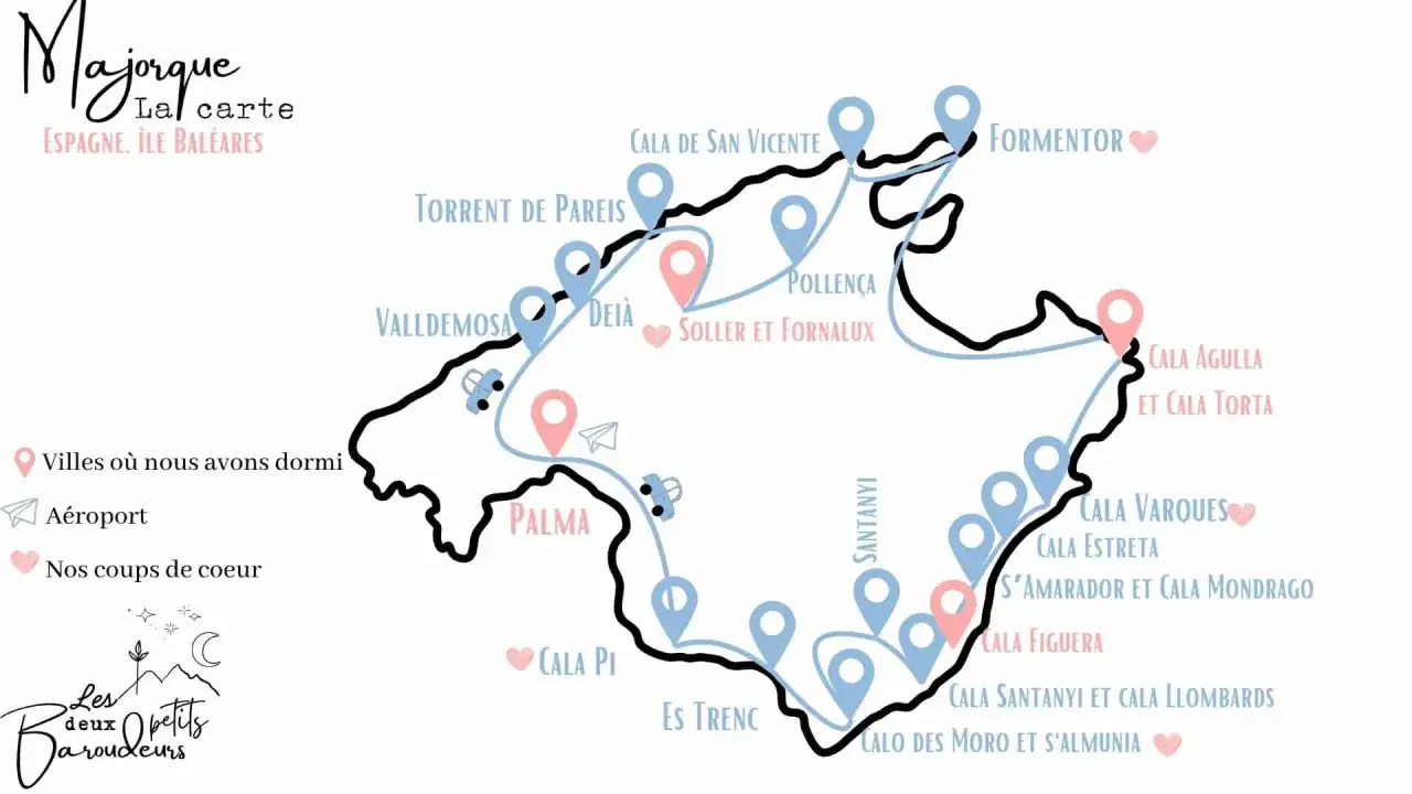 Carte de Majorque avec les villes visitées. Pour aller à Majorque, il faut un passeport si vous venez d'un pays hors UE.