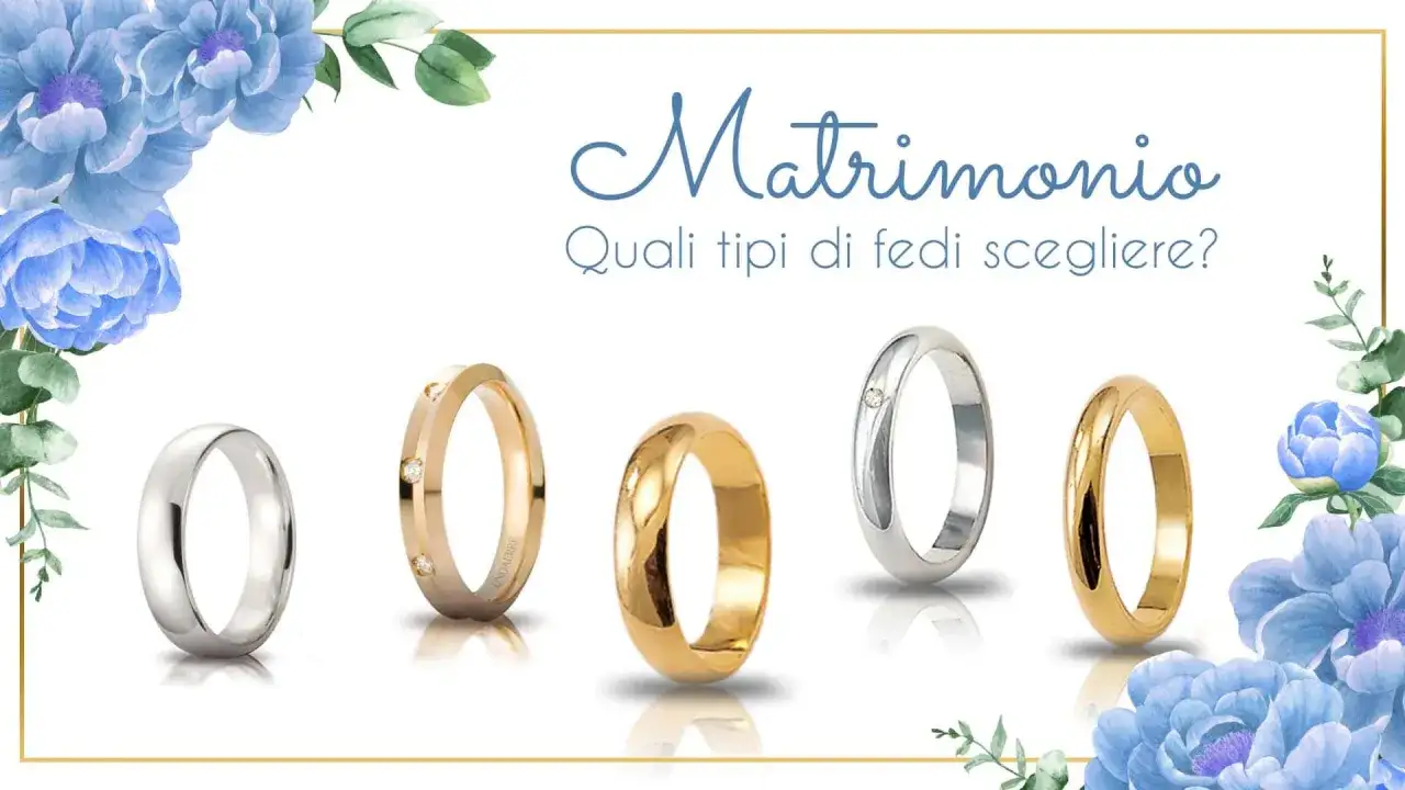 Cinque tipi di fedi nuziali, classiche e con diamanti, in oro e argento, per un matrimonio da sogno.