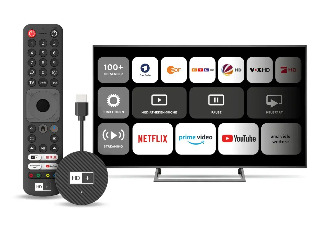 Jak mieć telewizję bez anteny? Zestaw z pilotem i adapterem HD+ oferuje streaming i dostęp do 100+ kanałów HD.