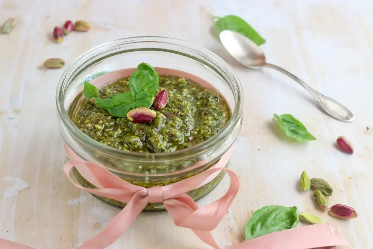 Un vasetto di vetro legato con un nastro rosa contiene un delizioso pesto di pistacchi, guarnito con foglie di basilico e pistacchi interi.