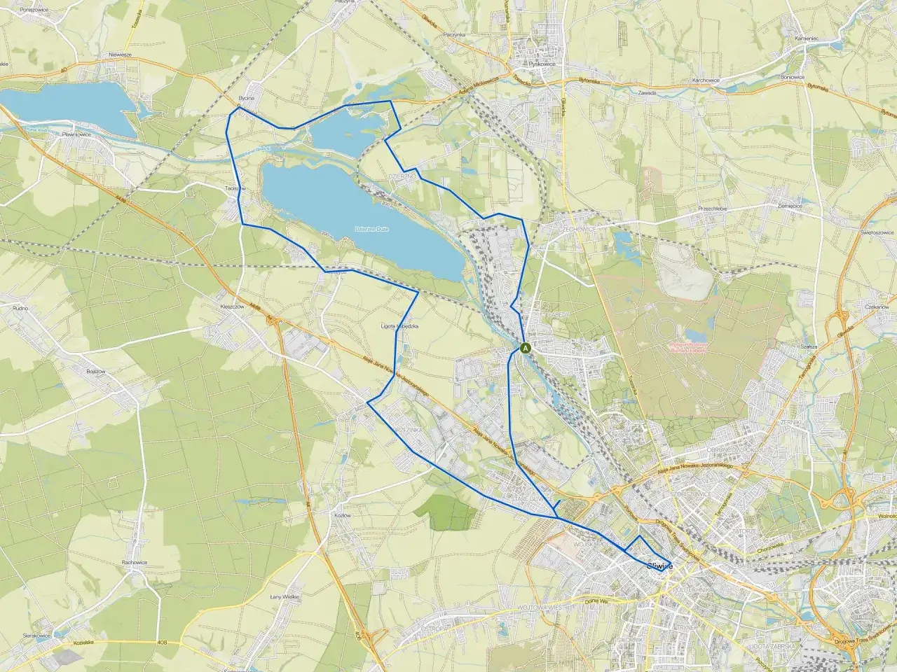 Mapa przedstawia proponowane trasy rowerowe Gliwice, prowadzące wok&oacute;ł jeziora Dzierżno Duże i przez tereny zielone.
