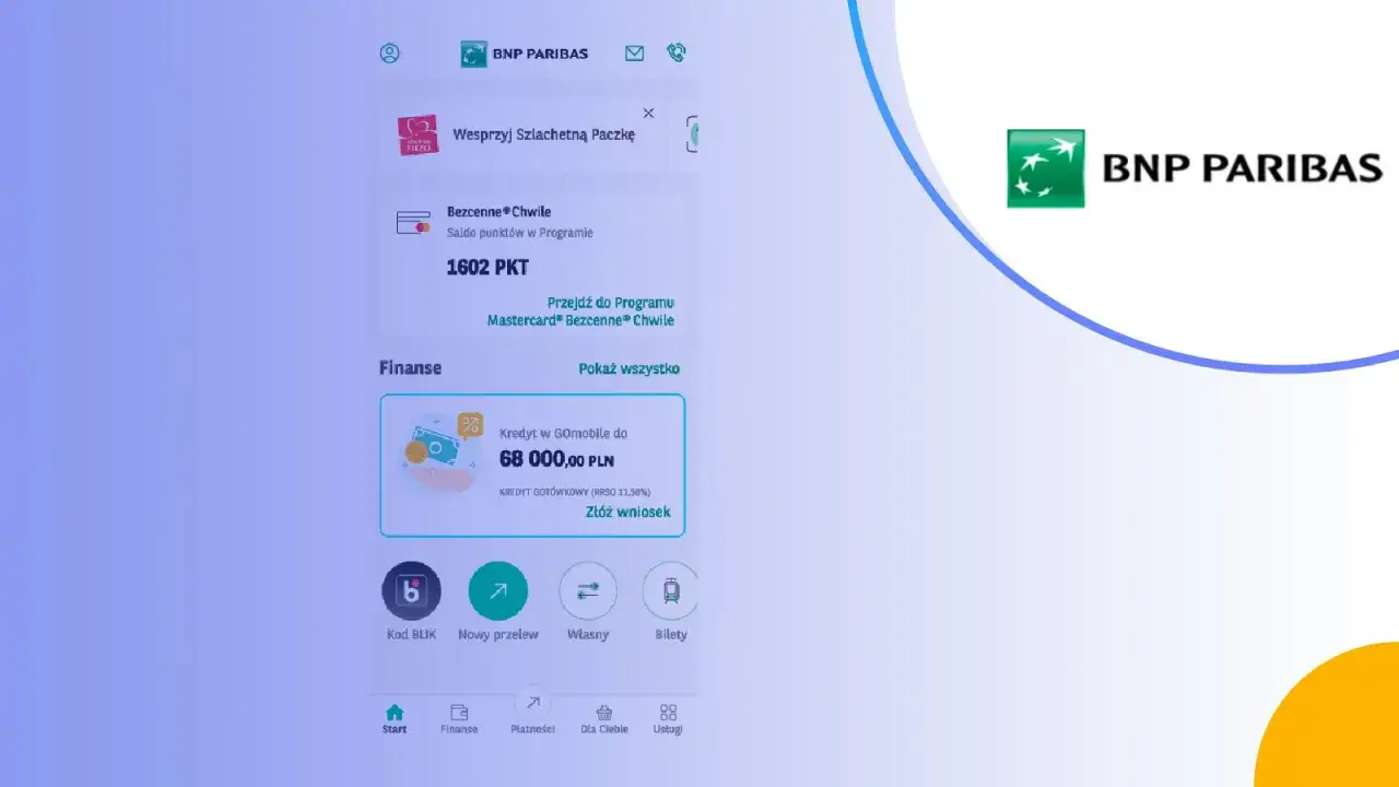 Aplikacja mobilna banku BNP Paribas. Widok salda punkt&oacute;w i oferty kredytowej.