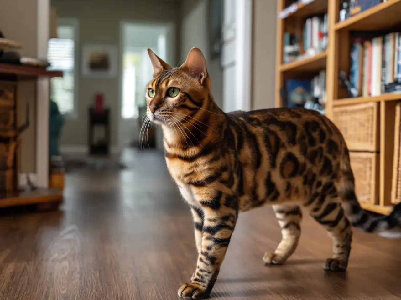 En ståtlig katt bengal med fläckigt mönster står på ett trägolv.