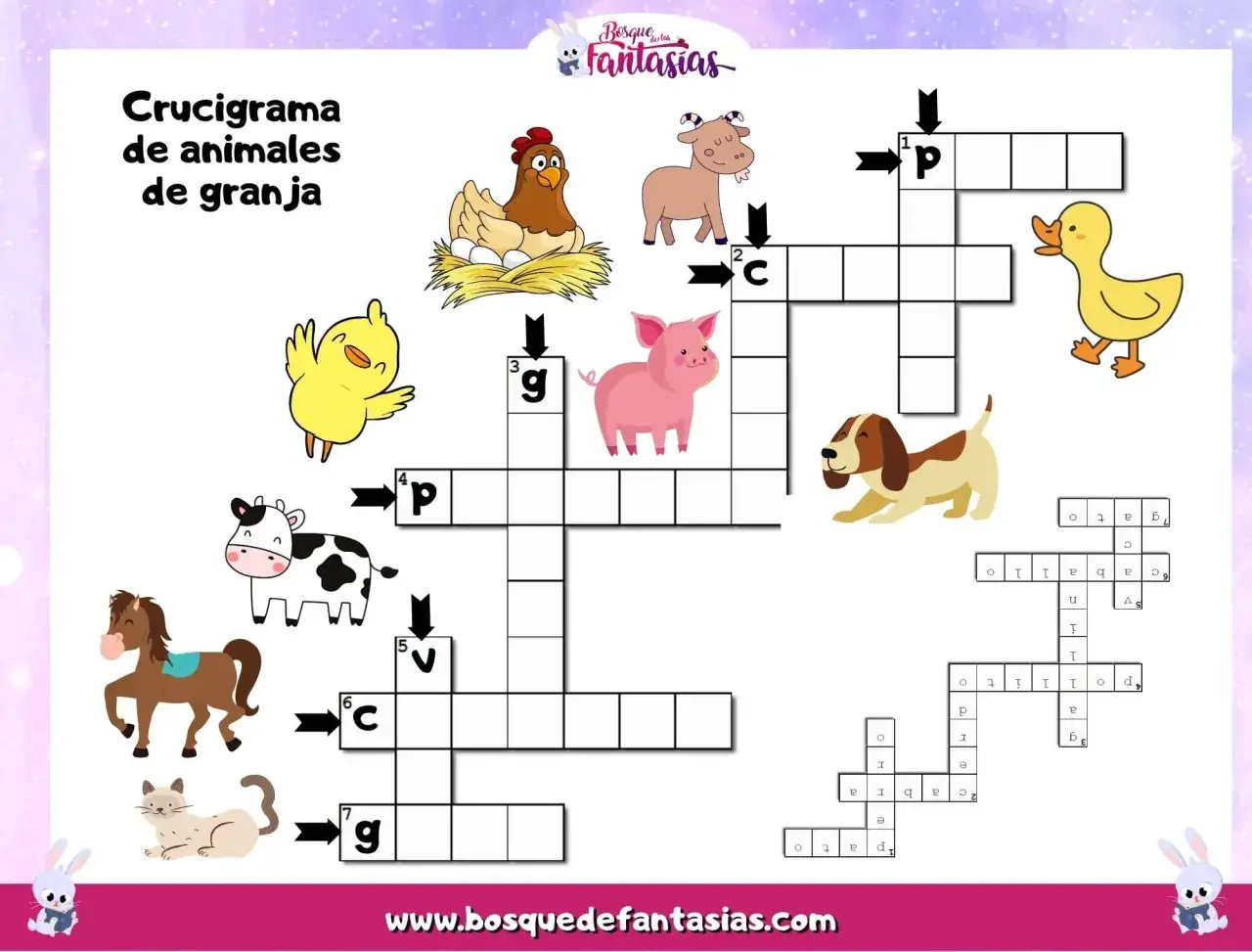 Un divertido crucigrama de palabras con animales de granja como gallina, cerdo, pato y vaca. ¡Completa el juego!