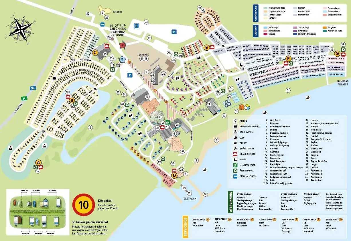 Karta &ouml;ver camping i Sverige med olika omr&aring;den, faciliteter och sev&auml;rdheter markerade.