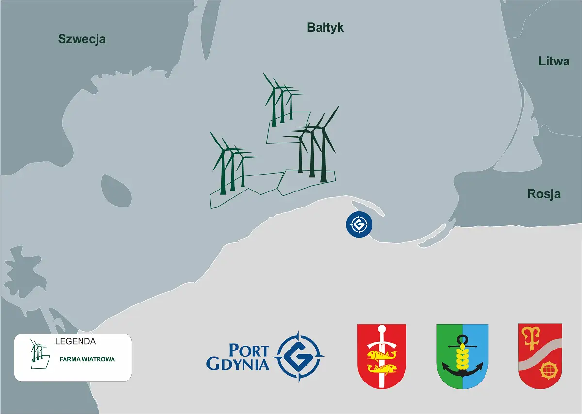 Mapa Bałtyku z farmą wiatrową, pokazującą potencjał energii pływ&oacute;w. Widoczne Szwecja, Litwa, Rosja i Gdynia.