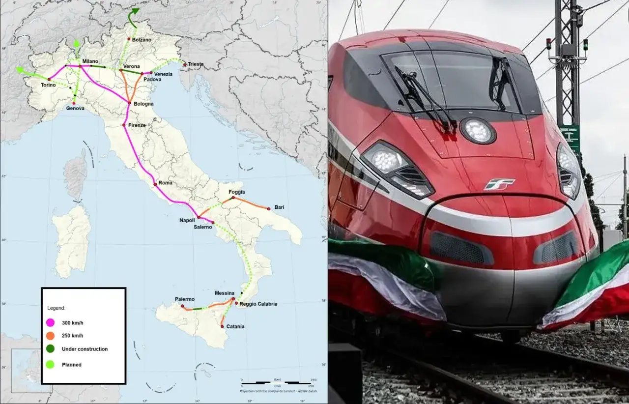 Mapa przedstawia sieć szybkich pociągów we Włoszech, z nowoczesnym czerwonym pociągiem Frecciarossa na pierwszym planie.