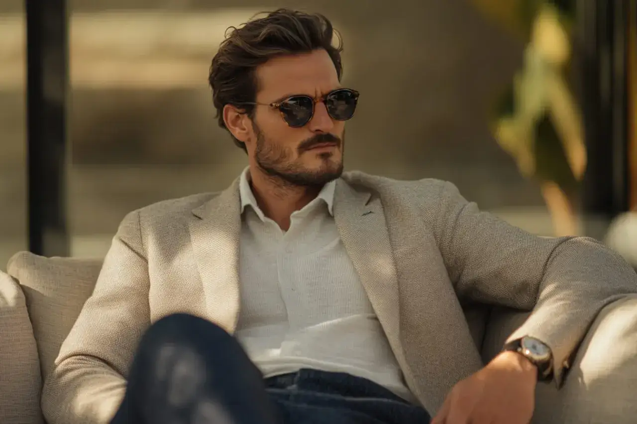 Uomo con blazer beige, occhiali da sole e orologio, incarnazione dello stile preppy significato.