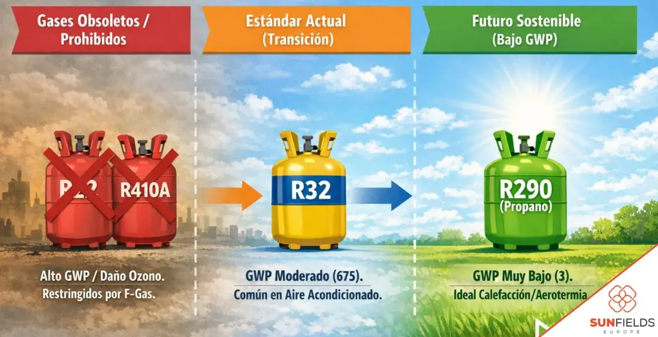Evoluci&oacute;n de gases refrigerantes: de R410A a R32, gas aire acondicionado, y el futuro R290.