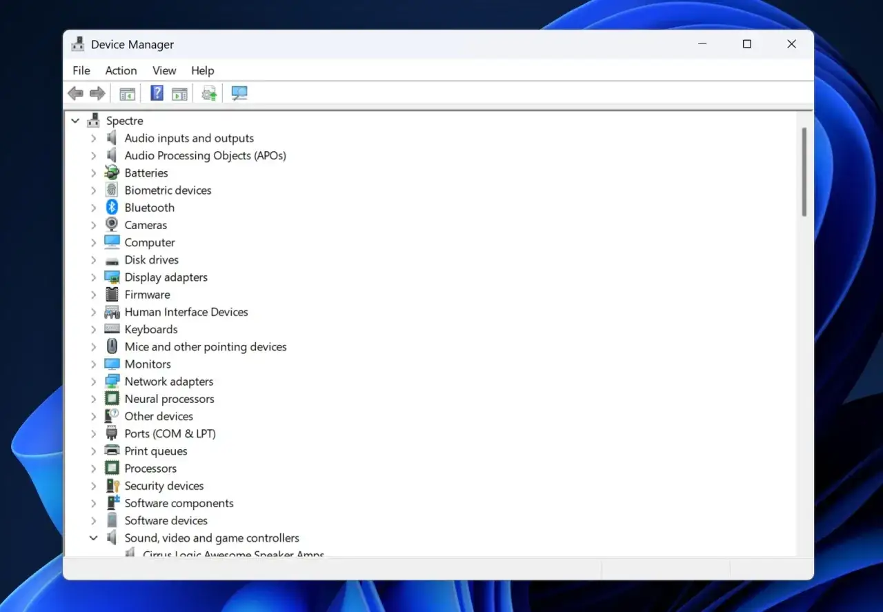Menedżer urządzeń w Windows 11. Widok listy urządzeń, gotowy do aktualizacja sterowników Windows 11.