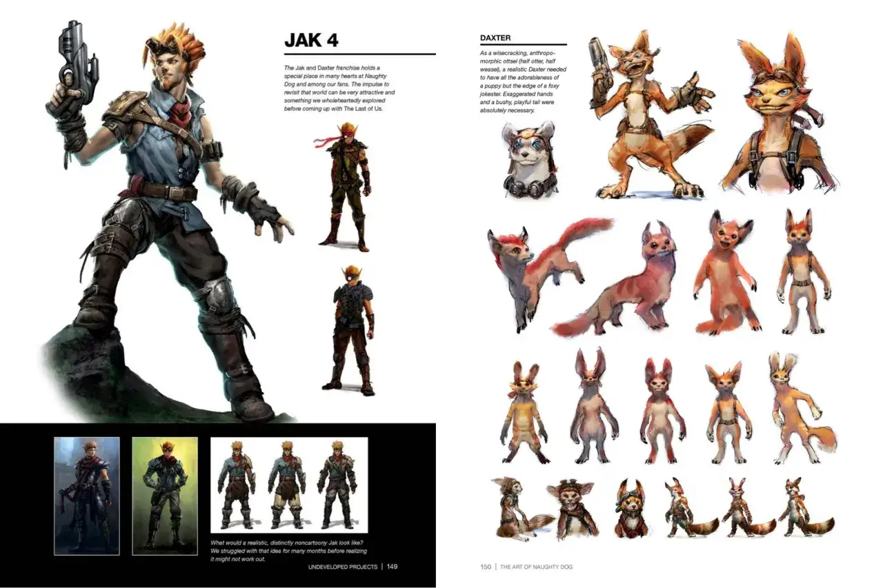 Jak, el profeta **intergal&aacute;ctico el hereje**, empu&ntilde;a su arma. A su lado, bocetos de Daxter y otros personajes.