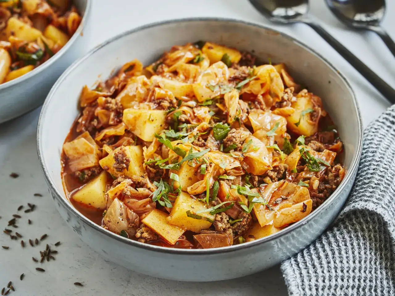 Herzhaftes Schichtkraut-Rezept mit Kartoffeln und Hackfleisch, garniert mit frischer Petersilie. Ein deftiges Gericht für kalte Tage.