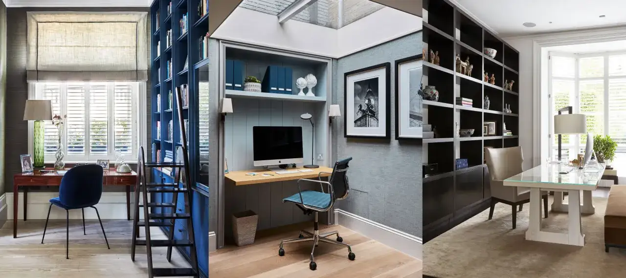 Drei stilvolle Arbeitszimmer, die zeigen, wie man ein **Arbeitszimmer organisieren** kann: mit B&uuml;cherregalen, Schreibtischen und viel Stauraum.