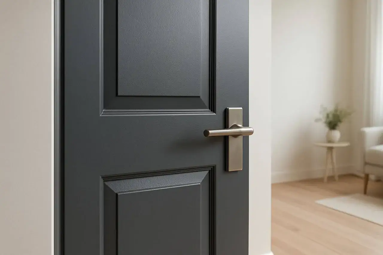 Une porte anthracite avec une poignée moderne, prête à peindre pour un nouveau look.