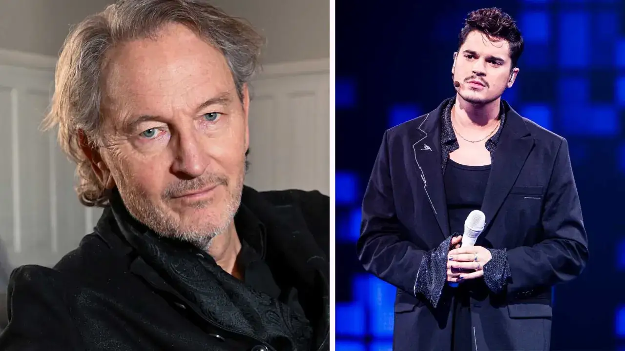 Tomas Ledin, en ikonisk artist, möter en ung artist på scenen under Melodifestivalen.