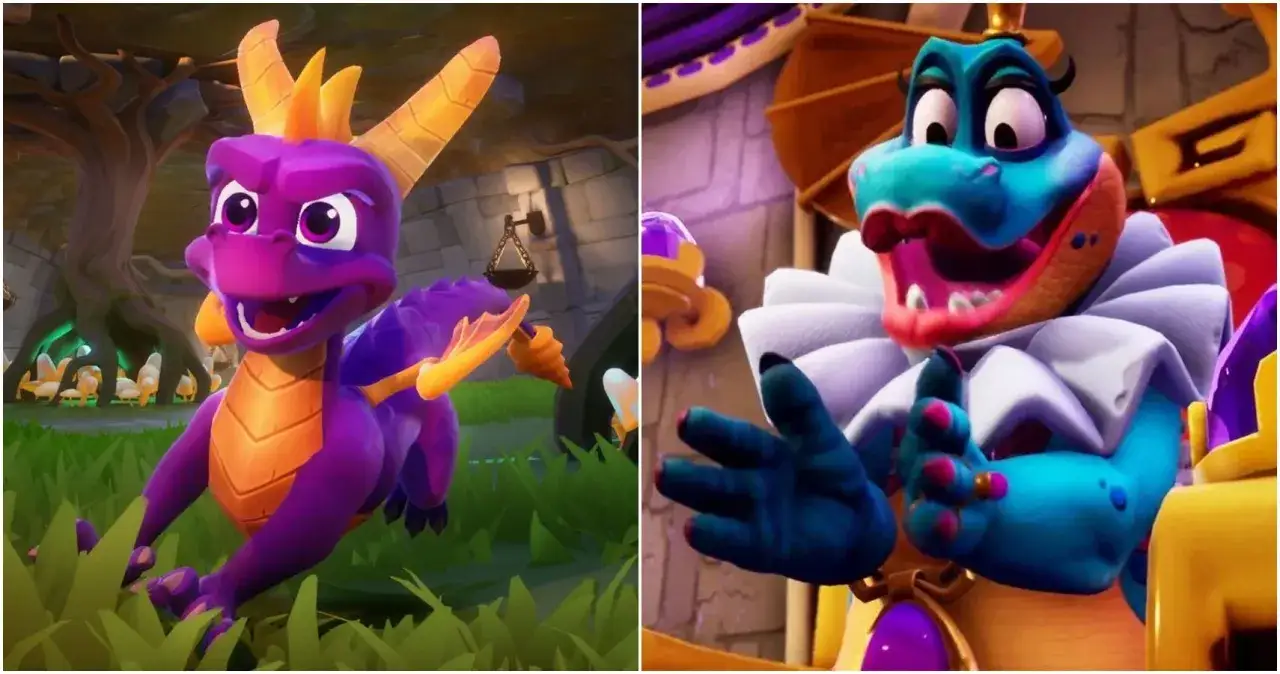 Spyro, el dragón morado, y un personaje azul con volantes, ambos con una cabeza de metal.