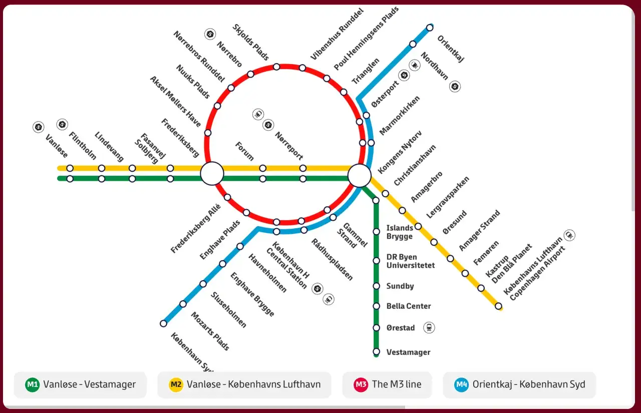 Mapa metra w Kopenhadze z liniami M1, M2, M3 i M4. Linie tworzą okrąg i rozchodzą się na przedmieścia.