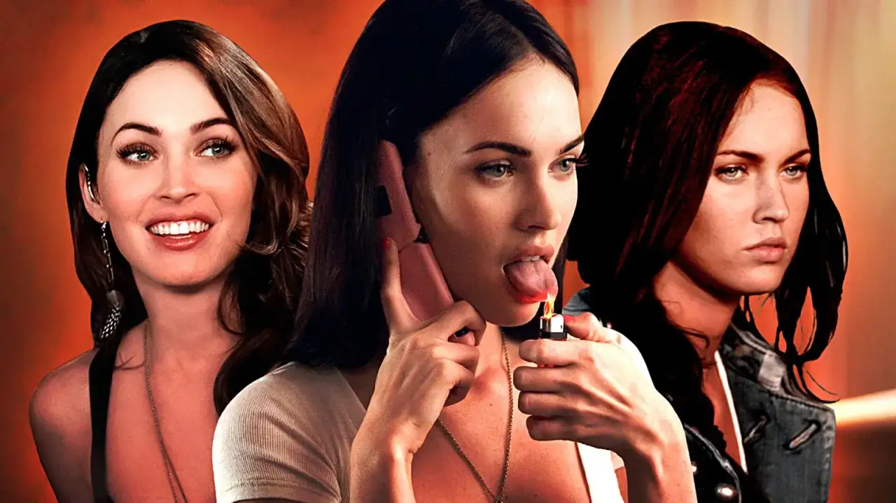 Tre olika uttryck av Megan Fox, en med leende, en som pratar i rosa telefon och tänder en cigarett, och en med allvarligt uttryck. Scener från filmer med Megan Fox.