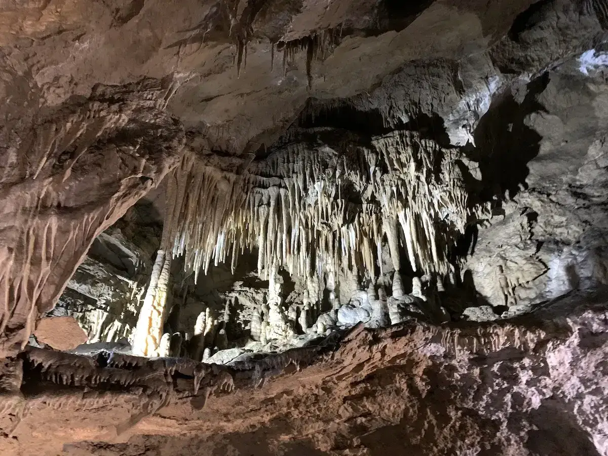 Wnętrze jaskini bielańskiej z licznymi stalaktytami i stalagmitami, tworzącymi niezwykłe formacje skalne.