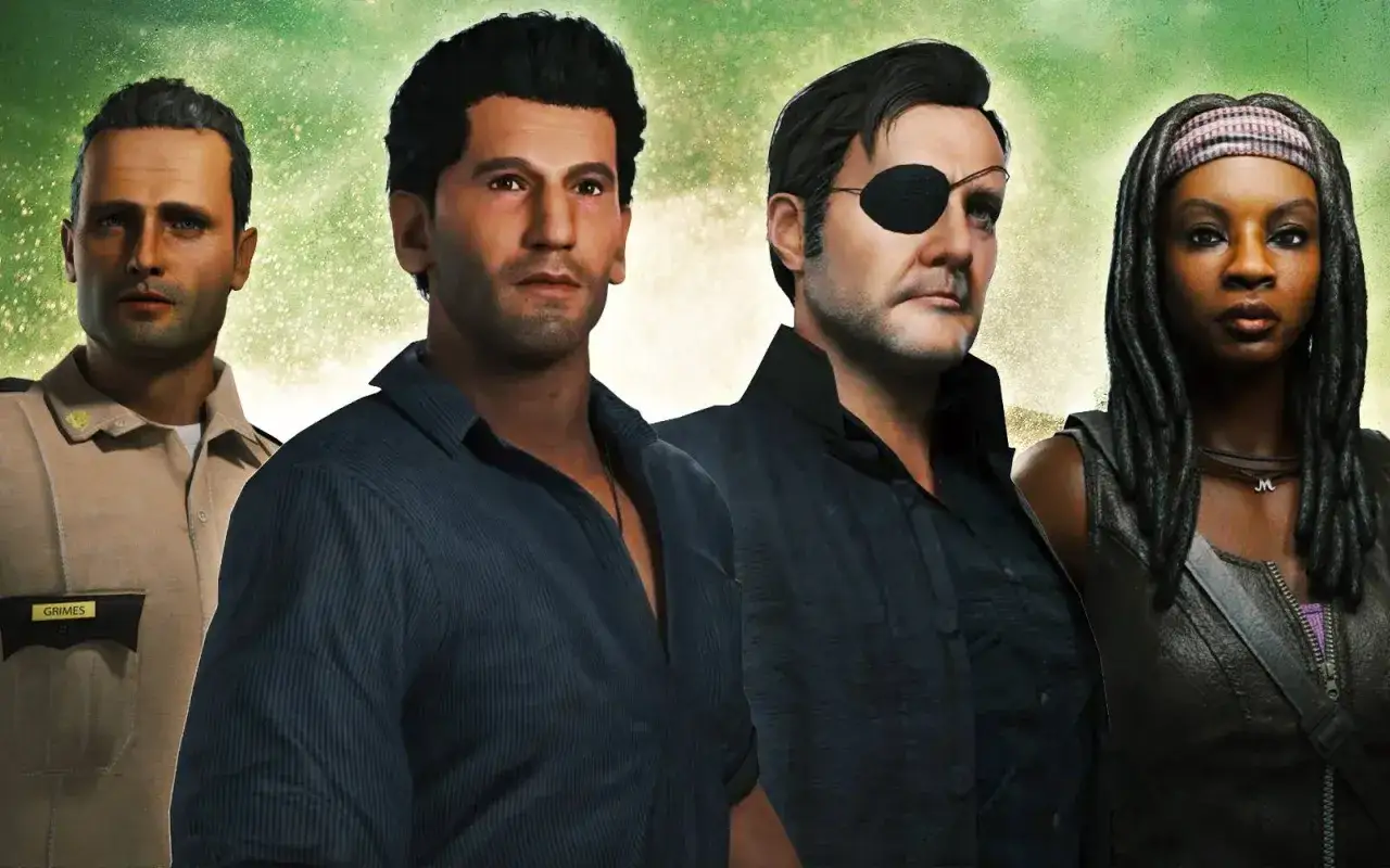 Czterech bohater&oacute;w walczy z żywymi trupami: Rick w mundurze, Daryl, Negan z opaską na oku i Michonne.