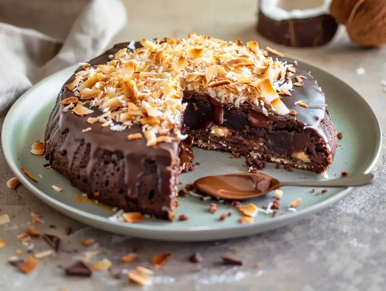 Kladdkaka med kokostosca, täckt med chokladglasyr och rostad kokos. En sked med chokladsås ligger bredvid.