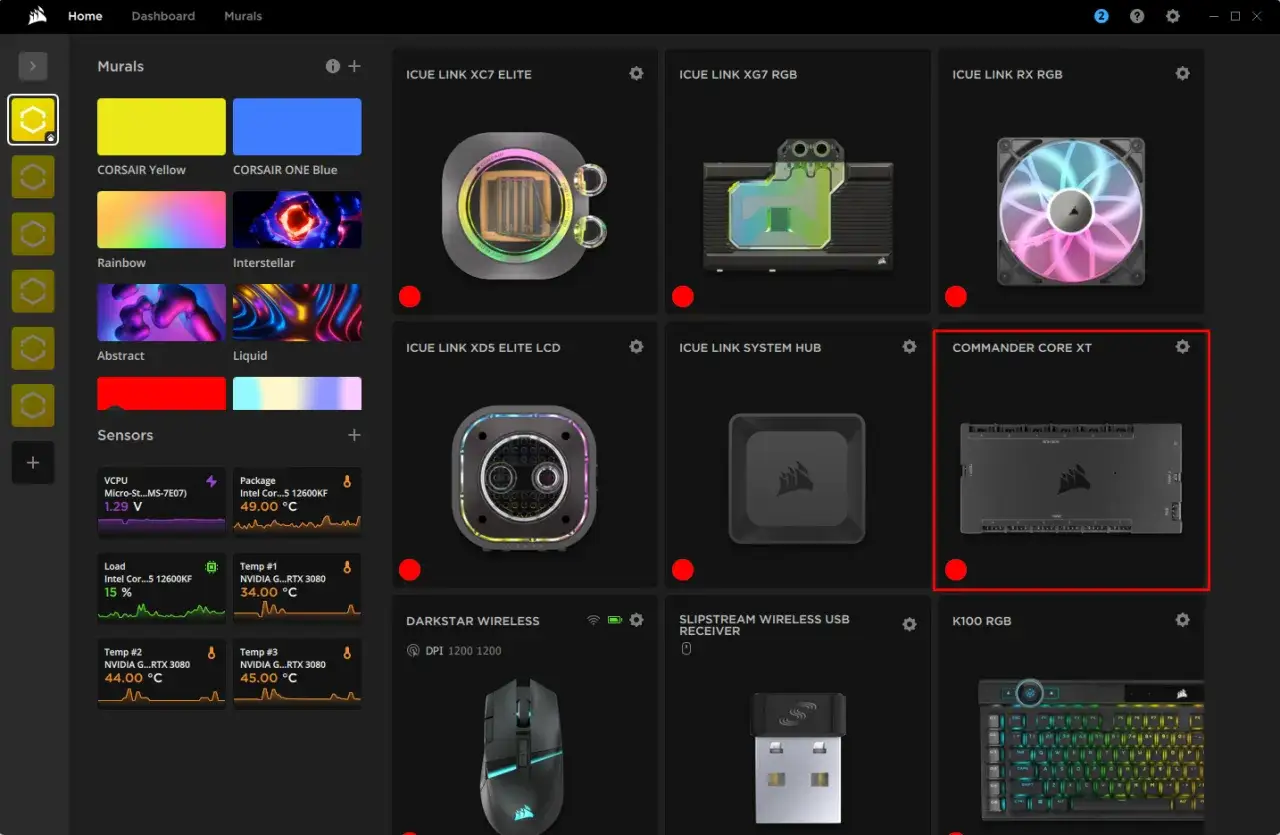 Das icue software Dashboard zeigt den Commander Core XT, eine Zentrale für Lüfter und RGB-Beleuchtung.