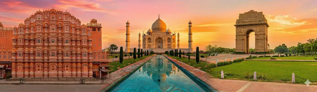 Niezapomniane indie wakacje: Pałac Wiatrów w Jaipurze, Taj Mahal i Brama Indii w Delhi na tle zachodzącego słońca.