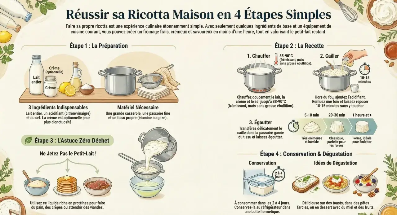 Infographie expliquant comment r&eacute;ussir sa ricotta maison en 4 &eacute;tapes simples, avec ingr&eacute;dients, mat&eacute;riel et id&eacute;es de d&eacute;gustation.