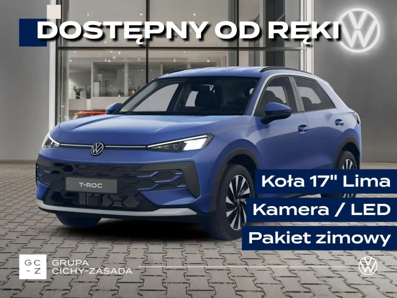 Niebieski Volkswagen T-Roc z pakietem zimowym, kamerą i LED, dostępny od ręki.