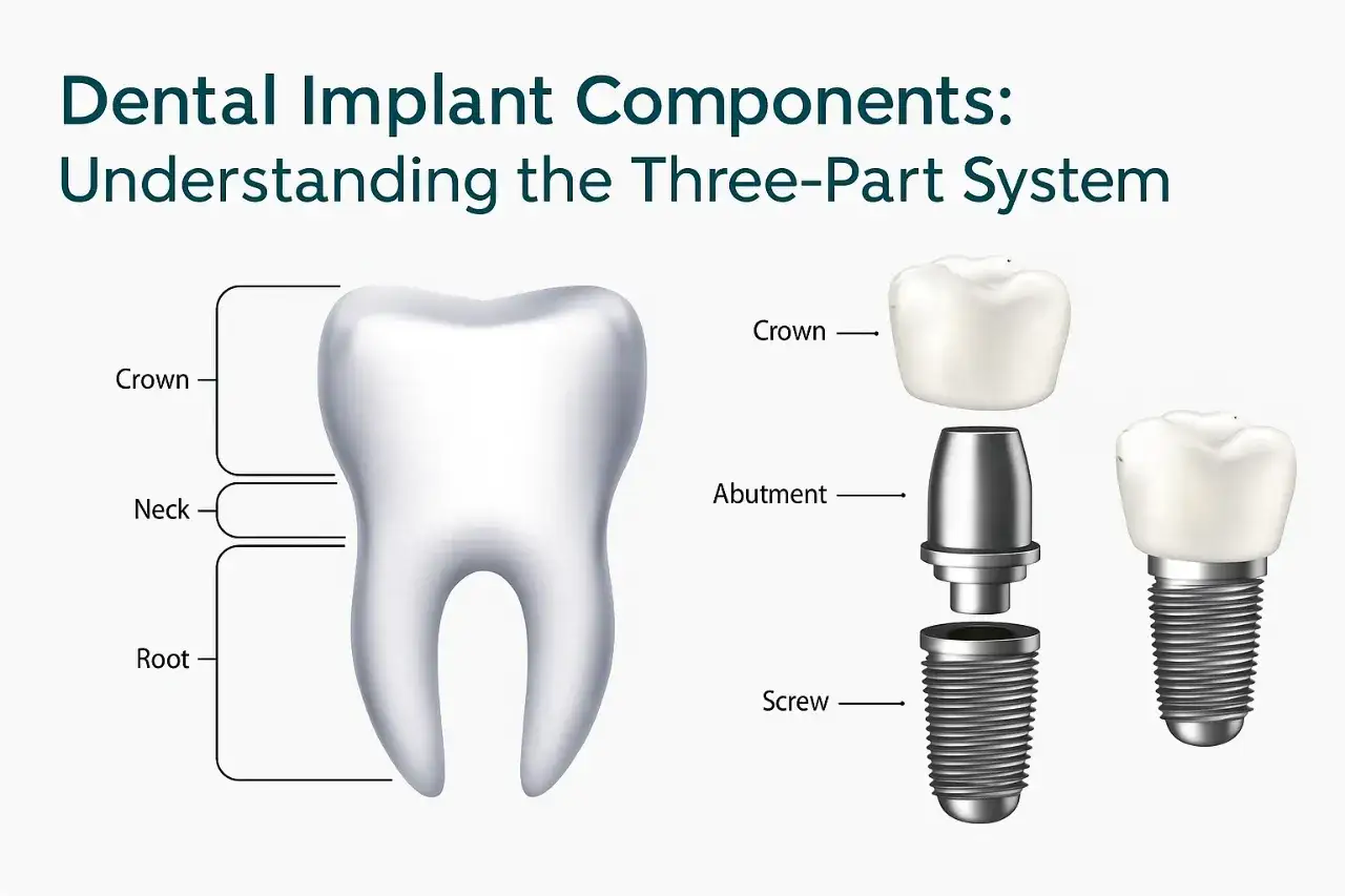 Ilustraci&oacute;n de un implante dental de tres partes: corona, pilar y tornillo, que se asemeja a la ra&iacute;z de un diente.