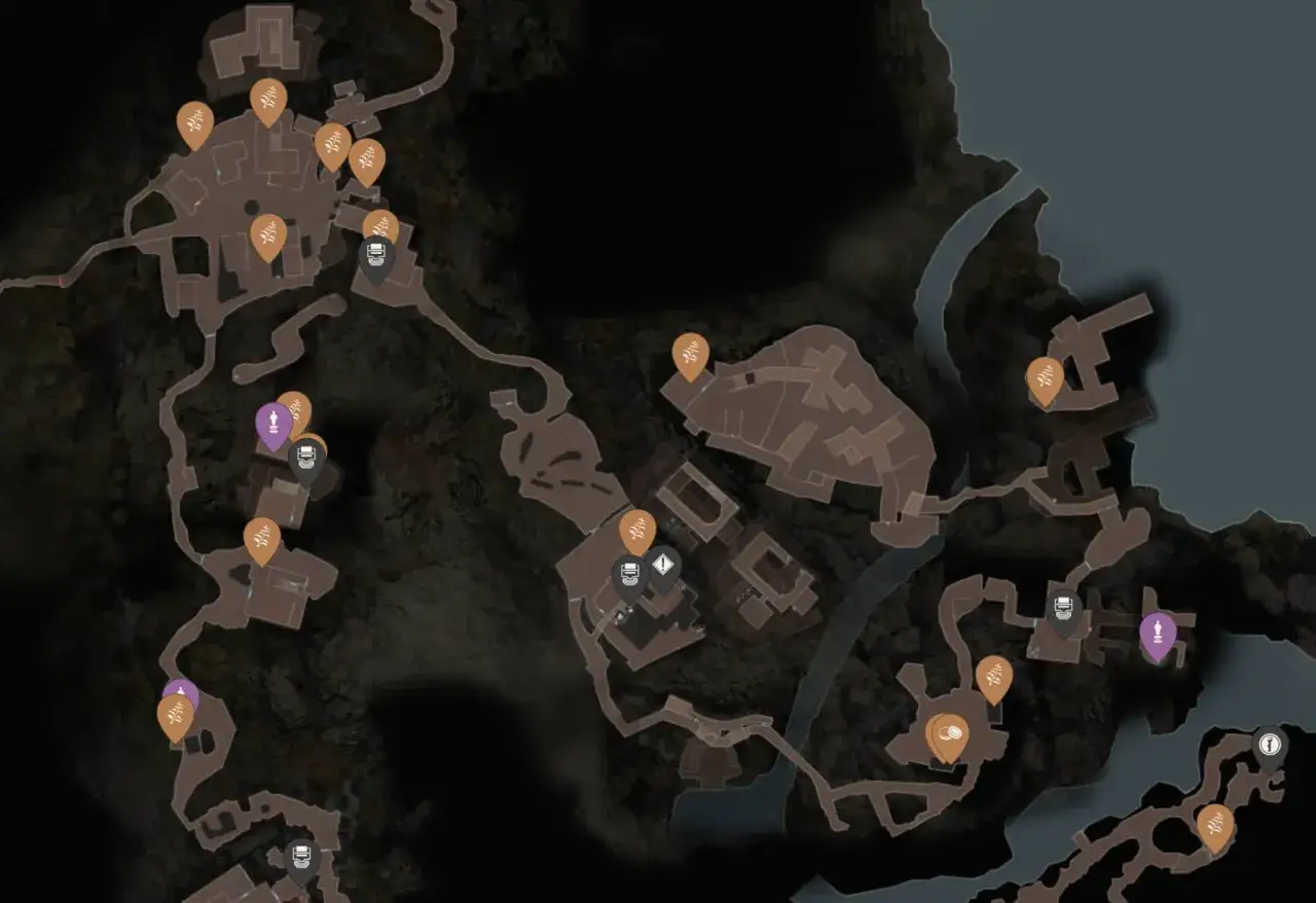 Mapa z zaznaczonymi punktami, pomocna w przejściu gry Resident Evil 4 solucja.