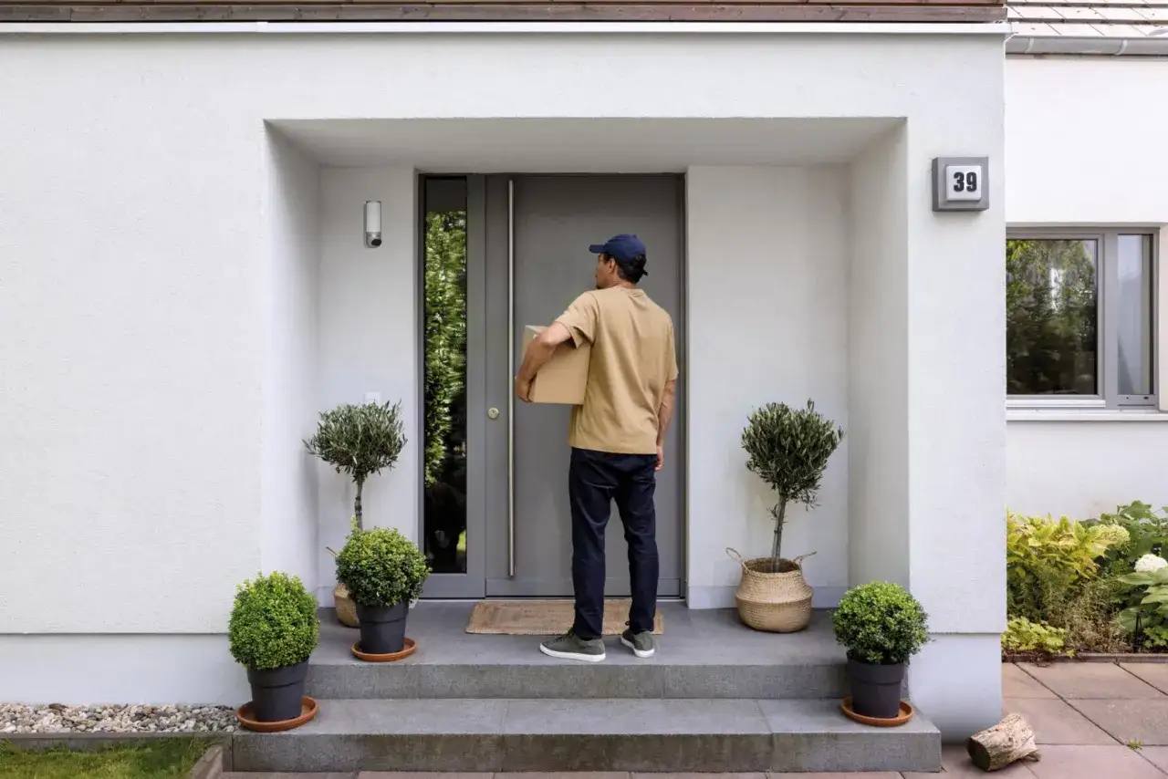 Ein Lieferbote mit Paket steht vor einer Haustür, über der eine Kamera von Bosch Eyes 2 wacht.