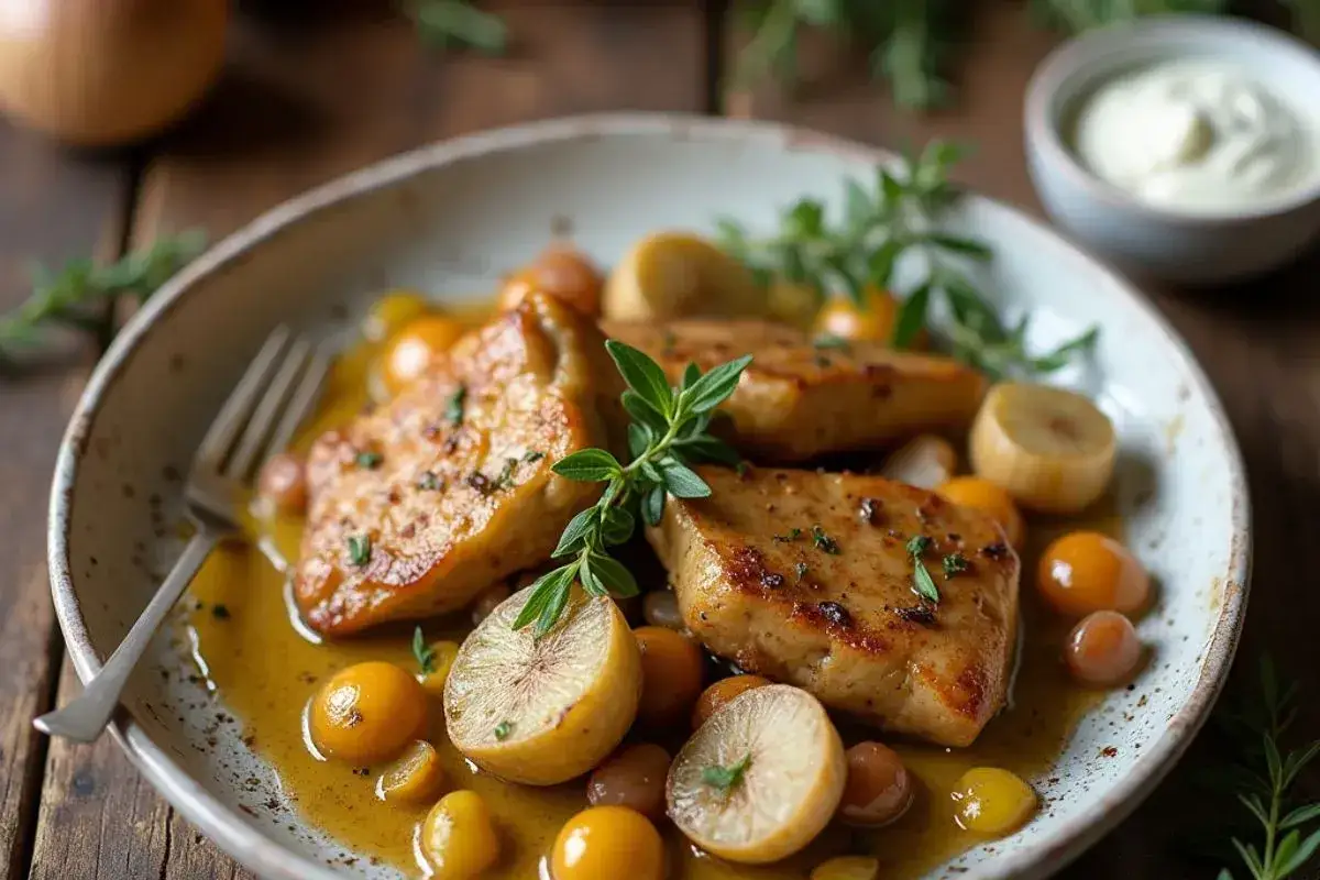 D&eacute;licieux saut&eacute; de dinde aux tomates cerises et herbes fra&icirc;ches, servi dans une assiette rustique. Un plat savoureux et color&eacute;.