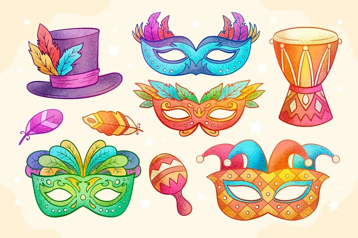 Colecci&oacute;n de dibujos de carnaval kawaii: m&aacute;scaras coloridas, sombrero de copa, plumas y maracas, &iexcl;listos para la fiesta!