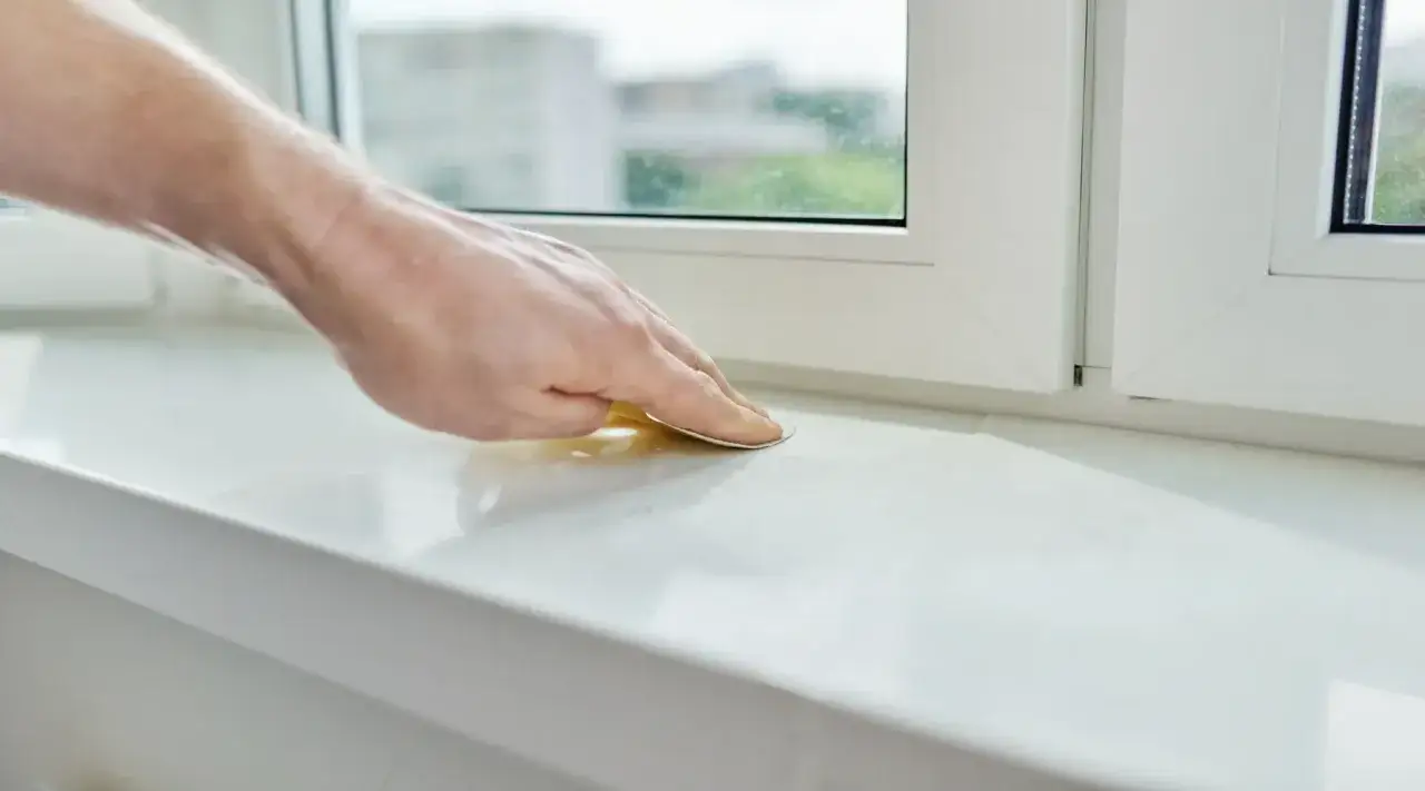 Dłoń szlifuje biały parapet wewnętrzny, przygotowując go do montażu.