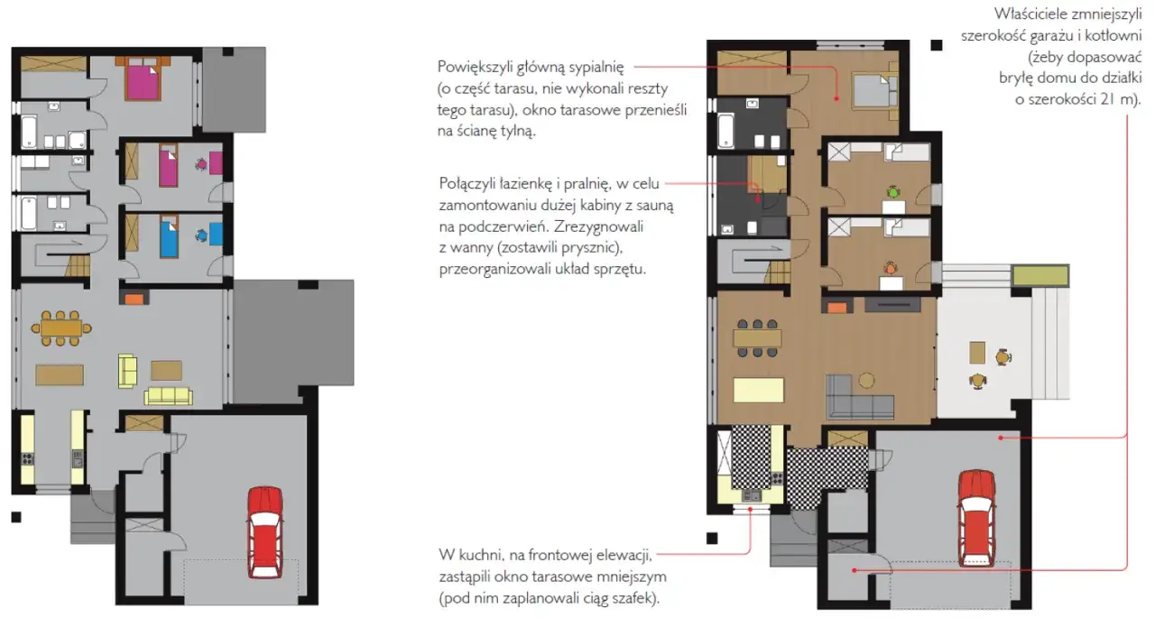 Adaptacja projektu gotowego: powiększono sypialnię, połączono łazienkę z pralnią, zmniejszono garaż.