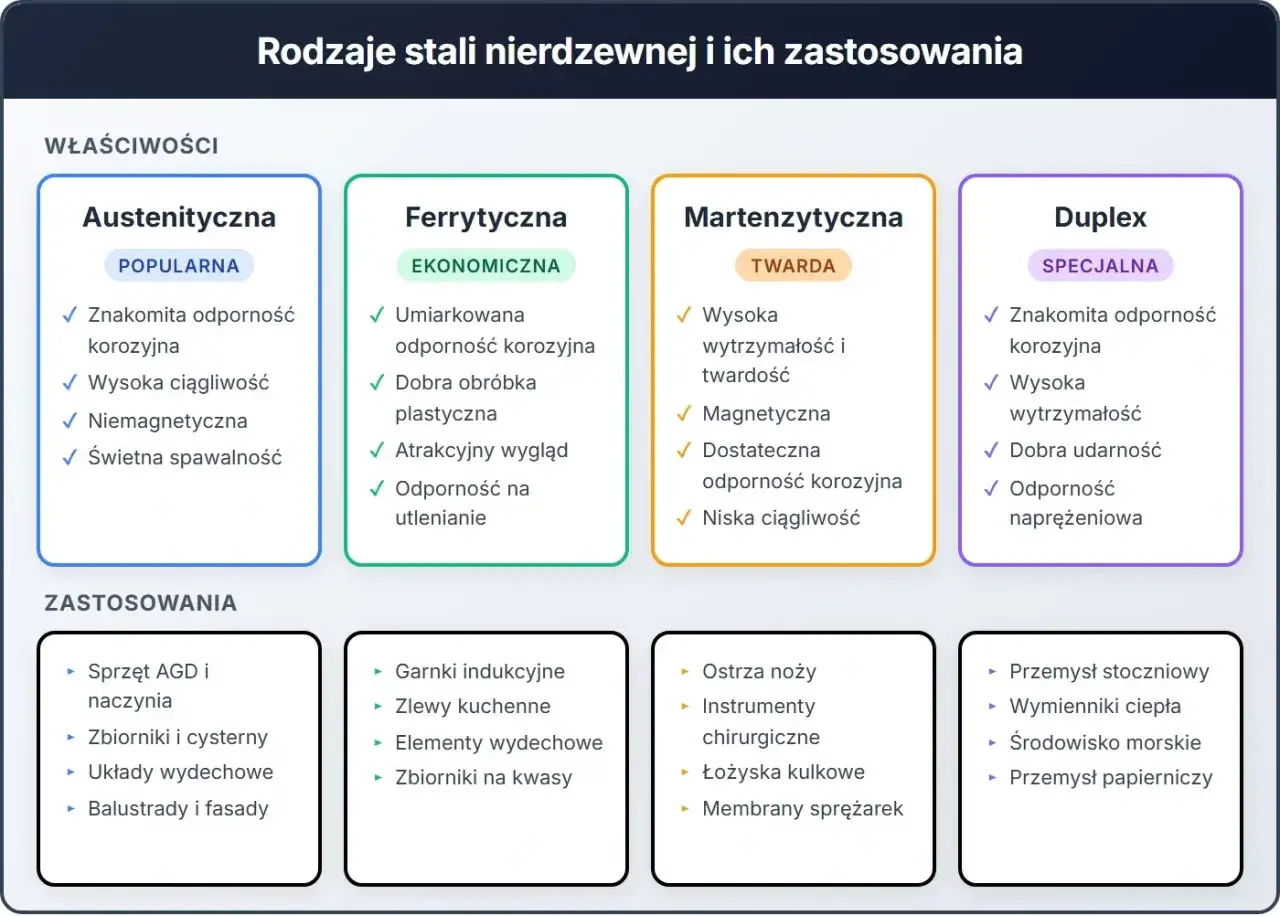 Tabela porównuje gatunki stali nierdzewnej: austenityczną, ferrytyczną, martenzytyczną i duplex, ich właściwości i zastosowania.