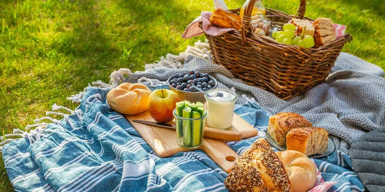 En h&auml;rlig picknick med br&ouml;d, frukt, b&auml;r och yoghurt p&aring; en bl&aring;vitrandig **picnic mat** i gr&auml;set.
